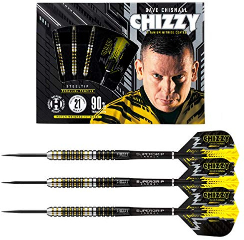 Harrows Dave 'Chizzy' Chisnall 90% volfram dart | Stålspets Pro Player Dart Set | 21 g, 22 g, 23 g, 24 g, 25 g och 26 g | Inkluderar supergrip kolaxlar och chizzy fjädrar (24g)