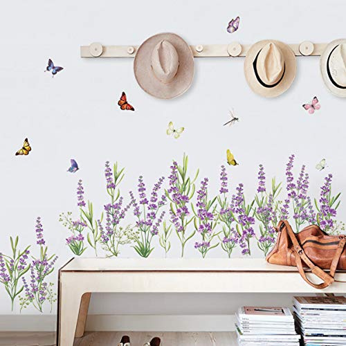 decalmile Väggklistermärken, lavendel, blommor, hörn sockel, väggdekal, gräs, baseboard, väggdekoration, sovrum, barn, vardagsrum