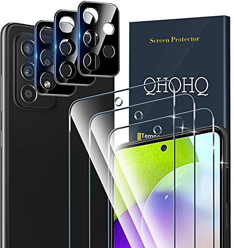 QHOHQ 3 Pack Screen Protector for Samsung Galaxy A52 4G/5G with 3 Packs Camera Lens Protector,Tempered Glass Film,9H Hardness - HD - Anti-Scratch - 2.5D Edge - Anti-Fingerprint - Easy Installation