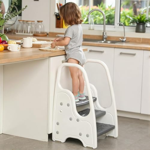 3 Step Stool with Handle for Toddler and Kids, Adjustable 3 Step Stool for Kids with Handles and Safety Non-Slip Pads,Standing Tower for Bathroom Sink, Potty Training(Gray).