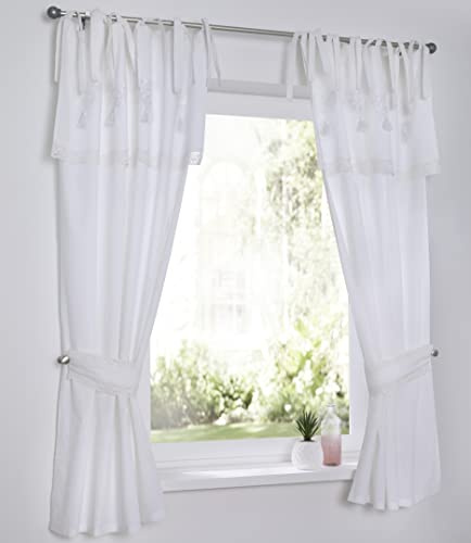 Cortina Camille Store blanco, cucina, corazón, romantico, bordada, con lazos, 145 cm, ancho 90 cm (1 pieza)