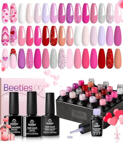 beetles Gel Polish Nail Set 20 Colors Alluring Sweetie Collection Nude Pink Purple Glitter Red Manicure Kit with Base Glossy and Matte Top Coat