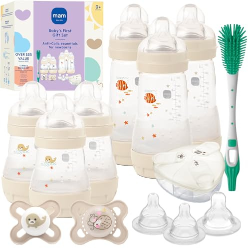 MAM Baby’s First Gift Set, 0+ Months, 5oz and 9oz Anti-Colic Bottles with Self-Sterilization, SkinSoft Silicone Nipples and Pacifiers, Dishwasher Safe Formula Dispenser and Bottle Brush, Unisex