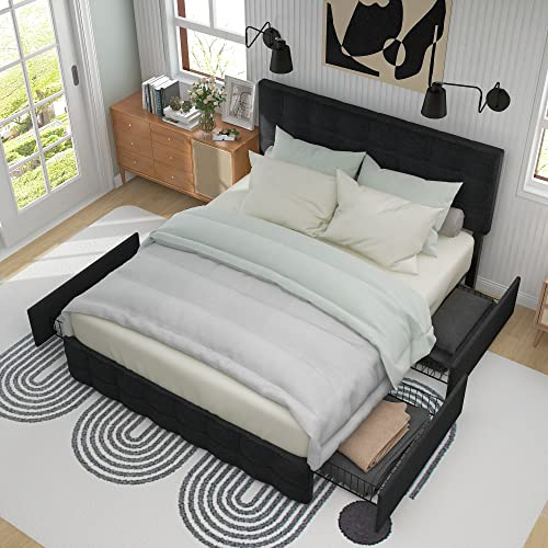 Oyemige Polsterbett mit 4 Schubladen, 140 x 200cm Doppelbett mit Lattenrost, Stauraum Bett, höhenverstellbares Kopfteil & quadratisches Nähdesign, Metalllattenstütze Bett,Ohne Matratze (Black)