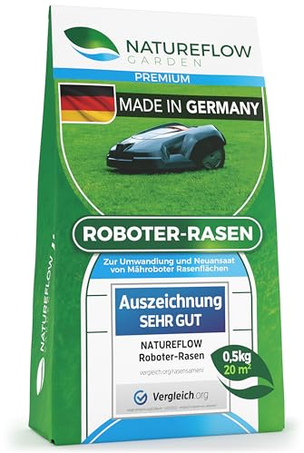 Mähroboter Rasensamen schnellkeimend 0,5kg TEST SEHR GUT - Roboter Grassamen Made in Germany - Für pflegeleichten Garten mit Natureflow Rasensaat