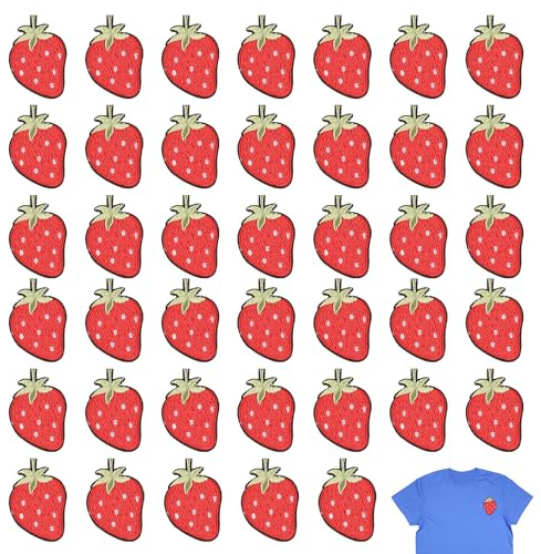 Lot de 40 écussons à broder au fer à repasser - Motif fraise - Pour réparation de vestes et jeans