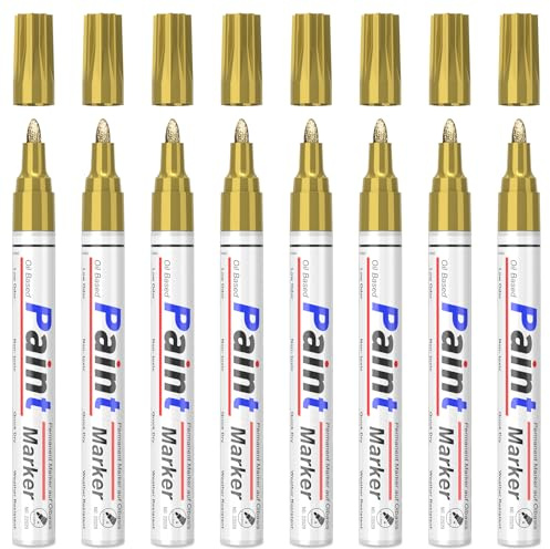 Permanent Marker Waterproof Pen, 8 Gold Strong Opaque Paint Markers, Quick Drying, Waterproof Permanent Marker for Painting Stones for Cardboard, Glass, Wood, Metal, Plastic, Paper, Paint Pen