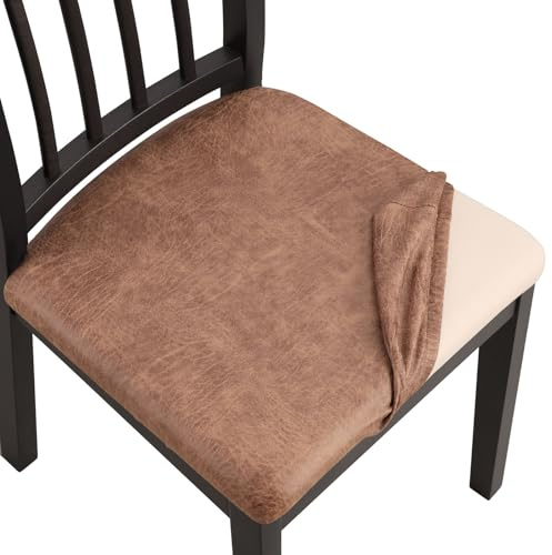 Fuloon Housse de Chaise Imperméable en Faux Cuir Housse Assise Chais pour Salle à Manger Cuisine Bureau Hôtel (4, Kaki Clair)