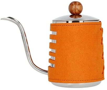 Barista Space Pour-Over Kettle 550 ml, einzigartiges Design mit blauem Wickelgriff und Gänsehalsschnauze, inkl. Holzdeckelgriff und Thermometerloch – Orange