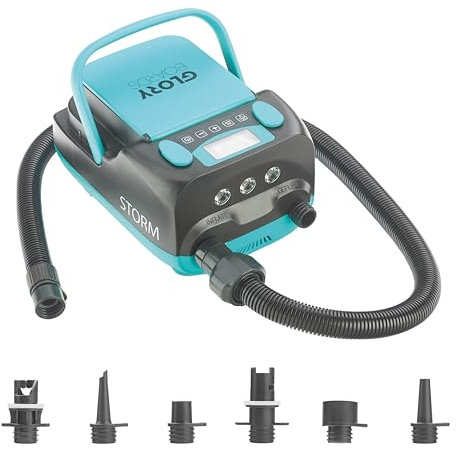 GLORY BOARDS® - Storm Elektrische SUP Pumpe mit Akku - max. 20 PSI, 4 Boards pro Akku, Schnell & Leicht, Perfekt für iSUPs, Schlauchboote, Luftmatratzen, inkl. 6 Adapter, LED-Licht & USB-Ladefunktion