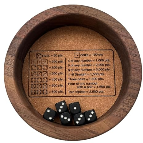 Plateau à dés Farkle, plateau à dés en bois robuste, jeu de dés classique Farkle avec plateau, compagnon de jeu de dés Farkle, jeu familial classique comprenant six dés, bords sécurisés pour éviter
