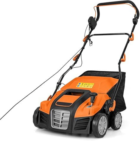 GYMAX Decespugliatore Elettrico, Scarificatore a Spinta con Regolazione della Profondità in 5 Posizioni, 3 Altezze della Maniglia, 55L Sacca di Raccolta Staccabile (Arancione & Nero)