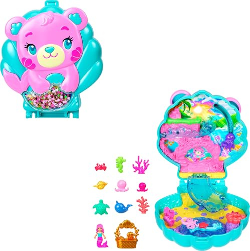 Polly Pocket, île pailletée – Coffret poupées & Accessoires | Jouet de voyage portable, 1 poupée micro sirène, animaux marins et accessoires, JCB16
