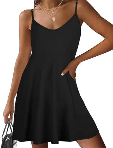 florynova Summer Dresses for Women Spaghetti Strap Sundress Casual Sleeveless Beach Dress with Pockets(Black,L)