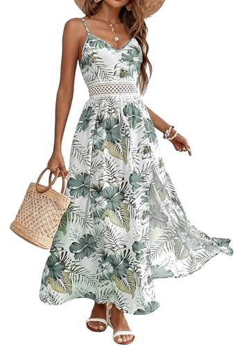 Women's Hawaiian Maxi Dresses Summer Floral Boho Sleeveless V-Neck Flowy Beach Vacation Dresses Spaghetti Straps Green