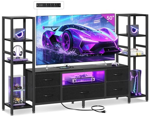 Casaottima TV Stand for 40/50/55 Inch TV, Low-Profile Entertainment Center with LED Lights & Power Outlets, TV Stand with Drawers & Open Shelves for Storage for Small Spaces/Living Room/Gaming, Black