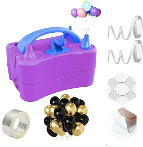 TRENDORA Heavy Duty Electric Balloon Pump with Built in Knotter, Portable Dual Nozzle Balloon Inflator Pump with 2 Modes- Includes 2 Tie Ribbons,1 Sticking patches,50 Ballons (Black & Golden plain)