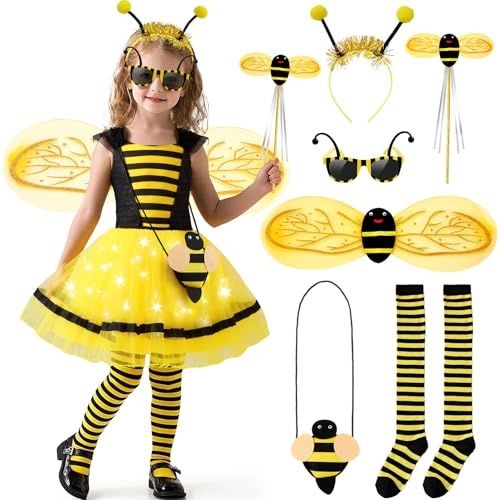 Mishopy Deguisement Abeille Enfant Deguisement Animaux Enfant Avec Jupe Abeille Lumineuse Sacs D'école Serre-Tête Lunette Baguette Magique D'abeille Collant Jaune Pour Halloween Carnaval Fête (120cm)