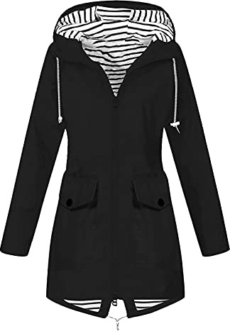Générique Veste Imperméable Femme À Capuche Veste Femme Mi Saison avec Fermeture À Glissière Manteau Imperméable pour Femmes Couleurs Unie Rayé avec Cordon Manteau Vêtement d'alpinisme en Plein Air