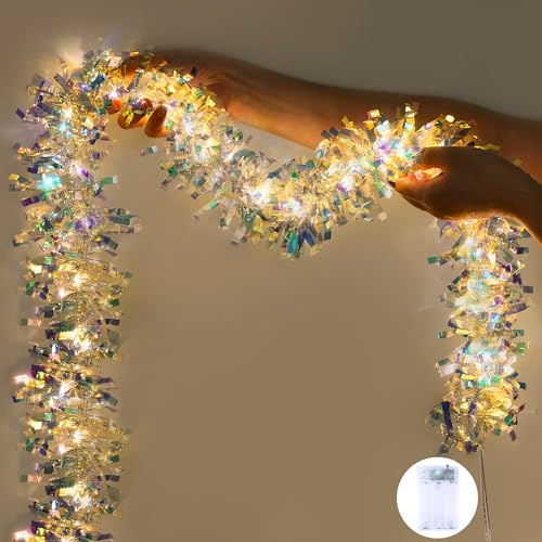 Joytry Christmas Tinsel Garland Iridescent Metallic Foil Garland Battery Powered String Lights 6.5FT, Shiny Reflective Streamers for Christmas Tree, Holiday Indoor New Year Party Decorations 2 Pack