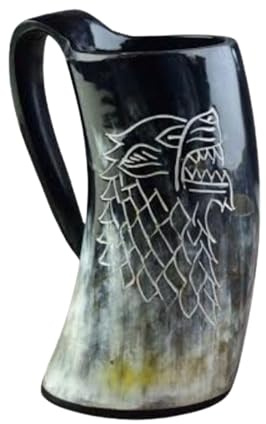 Drinking Horn Mug with Wooden Base | 500ml - 600ml Capacity | Ox Horn Tankard | Low Polished Finish | Original Genuine Ox Horn | Beer Tumbler | Drinking V ( Dire Wolf, Fenrir Carved).