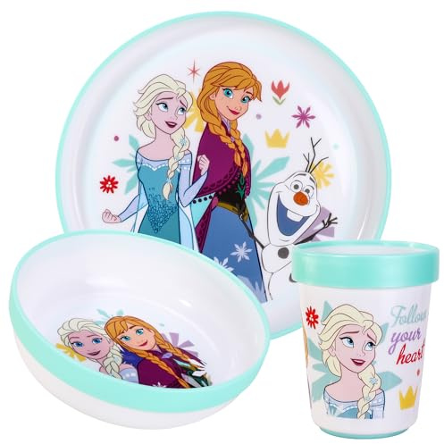 Frozen - Juego de vajilla bicolor reutilizable para niños, 3 piezas, plato, cuenco y vaso, sin BPA