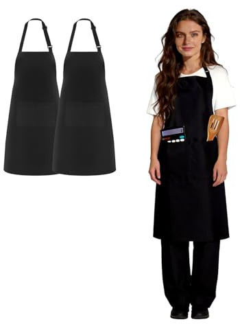 JIXUAN Black Apron 2 Pack, With 2 Pockets, Adjustable for Men & Women | Professional Cooking, Chef, BBQ, Baking, Catering, Restaurant, Barista, Coffee Shop, Gardening Aprons