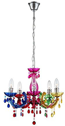Kronleuchter 5 flammig Esszimmer Lampe Hängeleuchte Hängelampe Pendelleuchte Kristalle bunt (Luster, Pendellampe, Deckenlampe, Deckenleuchte, Esstisch Leuchte, 44 cm, Höhe 128 cm, Fassung 5 x E14)