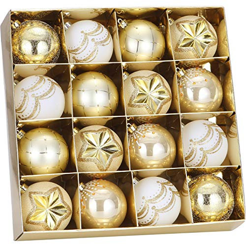 Sea Team 80mm/3.15 Delicate Contrast Color Theme Painting & Glittering Christmas Tree Pendants Decorative Hanging Christmas Baubles Balls Ornaments Set - 16 Pieces (Gold & White)