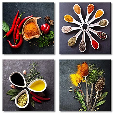 Pyradecor Large 4 Pieces Colorful Spices and Spoon Vintage Canvas Prints Still Life Paintings Pictures Canvas Wall Art for Living Rome Home Kitchen Decorations