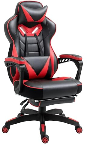 Vinsetto Computer Gaming Chair, Racing Desk Chair with Lumbar Support and Footrest, PU Leather Gamer Chair with Headrest and Swivel Wheels for Home, Red