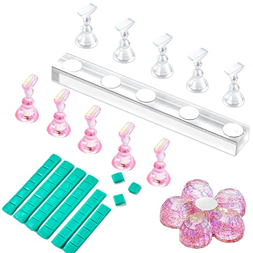 Makartt Acryl-Nagelständer Nagelübungsständer Nail Stand, Magnetische Nagel Halter Nagel Ständer Klar Rosa Nagel Display Ständer mit 48pcs Klebe Knete