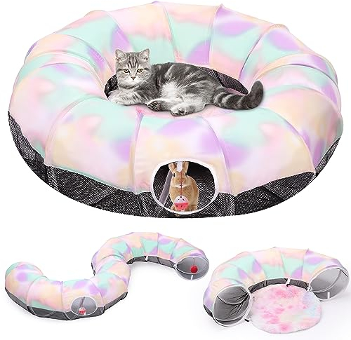 Pawaboo Katzenspielzeug, Faltbarer Katzentunnel Katzenbett mit Zentraler Matte und Glockenball Katzenhöhle Spielsachen für Kätzchen Kaninchen Kleine und Mittelgroße Katzen Spieltunnel