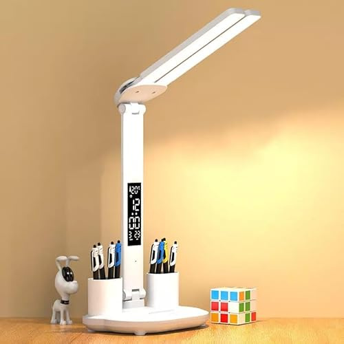 Lampada da tavolo a LED con display dell'orologio | 3 temperature di colore dimmerabili | Orologio display a LED | Angolo luminoso regolabile | Portapenne | Controllo pulsante touch | Lampada da