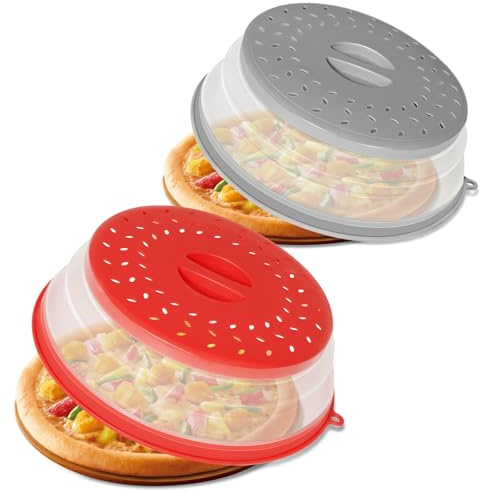 CasaCulina 2 Pack Collapsible Microwave Splatter Cover, Vented Microwave Lid with Hook Hole, Splatter Guard for Plate Dish Bowl, Vegetable Fruit Colander Multi-function Kitchen Gadget(Grey & Red)