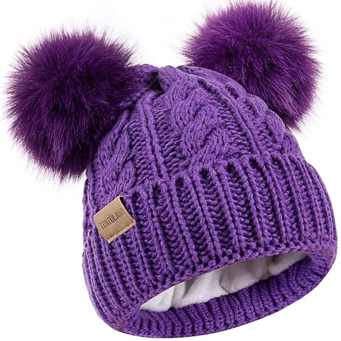 Tontuland Kids Winter Beanie Kids Warm Knitted Fleece Lined ski pom-pom Warm Knitted hat for Boys & Girls 3-9 Years Purple