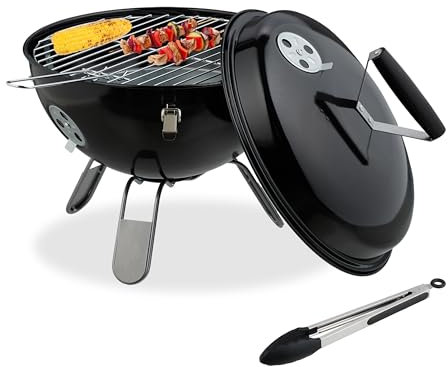 Relaxdays Barbecue Portable, Grill Rond, Ø37 cm, pour Table, Jardin, Balcon, avec Couvercle, bac à Charbon & Pince, Noir
