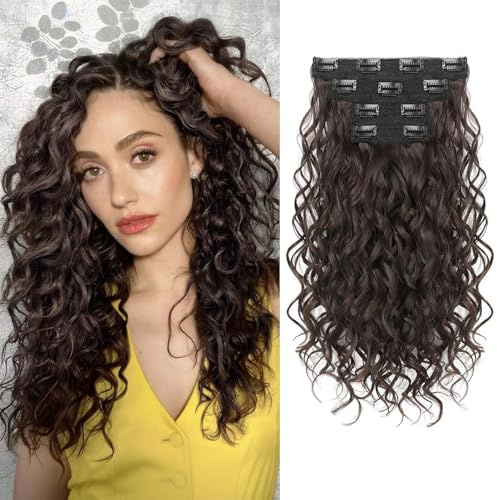 LunarCharm 4-piece curly hair extensions, 40 cm clip-in hair extensions, short curly hair extensions, invisible natural hairpieces for women, Black Brown