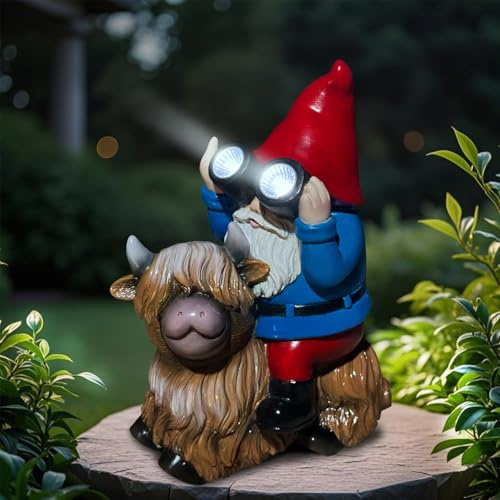 Solar Highland Cow Gnome Garden Statue Outdoor Decor, Funny Solar Light Halloween Decoration for Balcony Garden Patio Yard Lawn, Birthday Gift for Women,Men,Mom,Grandma,Unique Housewarming Gifts