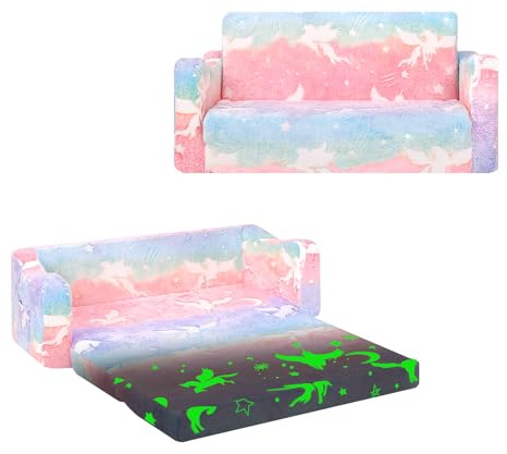 alldomess Einhorn Kindercouch ausklappbar 2-in-1, Extra Groß Kindersofa Das im Dunkeln leuchtet mit Schlaffunktion,Kindersessel für Kinder Kinderzimmer Spielzimmer
