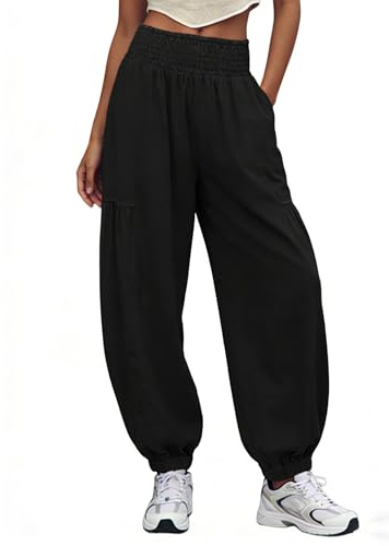 UANEO Womens Baggy Pants Pull On Cotton Linen Smocked Elastic Waist Tapered Relaxed Harem Trousers with Pockets (Black-S)