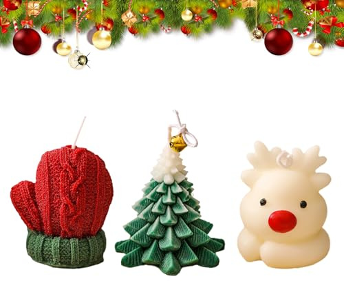 3 Pieces Christmas Scented Candles, Handmade Delicate Santa Claus Christmas Trees Red House Gloves Reindeer Shaped Candles Set for Xmas Party Holiday New Year Gift Decoration (A)