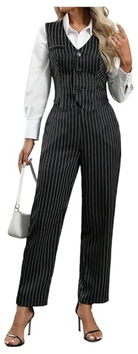 SOLY HUX Women's 2 Piece Outfits V Neck Button Down Sleeveless Blazer Vest and Pants Work Office Set Black and White Striped Small