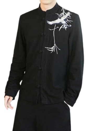 PRINCESS BRIDE Men's Cotton Linen Black Traditional Tang Suit Hanfu,Kung Fu Shirt Uniform Long Sleeved Coat Tops A3- XL