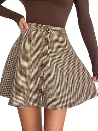 GORGLITTER Cord kjol damer brun kjol kort minikjol med rutmönster vinterkjol A linjer kjolar med knappslå höstkjol damer mode, BRUN, XL