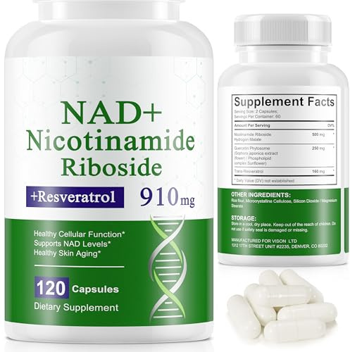 NAD|Resveratrol, Nad Resveratrol, NAD Nicotinamide Riboside 910mg (120 cáps) - Antienvejecimiento, Soporte Energía celular, Enfoque