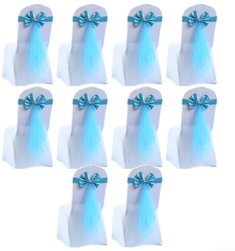 Confezione da 10 fasce elastiche per sedia, con fiocco decorativo e fibbia, ideali per decorazioni di matrimoni e feste, adatte a sedie di diverse dimensioni (azzurro)