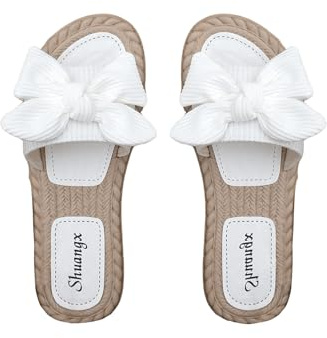 SOLY HUX Women's Bow Decor Flat Sandals Open Toe Sandals Slip on Slides