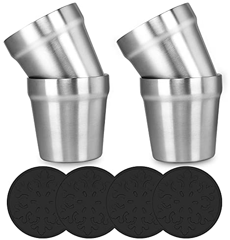 Stainless Steel Double Wall Cups (Set of 4) – 175ml Stackable Coffee/Tea/Beer Glasses – Heat & Cold Resistant, Non-Toxic, Ideal for Kids, Travel, Camping (Silver)