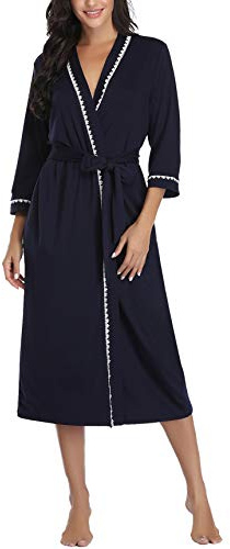 Vlazom Womens Dressing Gown Soft Kimono Robe V-Neck Long Knit Bathrobe Nightwear Sleepwear for All Seasons, Navy, L